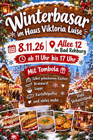 Einladung mit winterlichen Motiven sowie Kuchen, Bratwurst, Suppe, Kartoffelpuffer und Kerzen